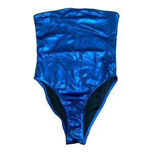 Vintage Y2K Metallic Blue Strapless One Piece Bathing Suit Swim Wear Size Small